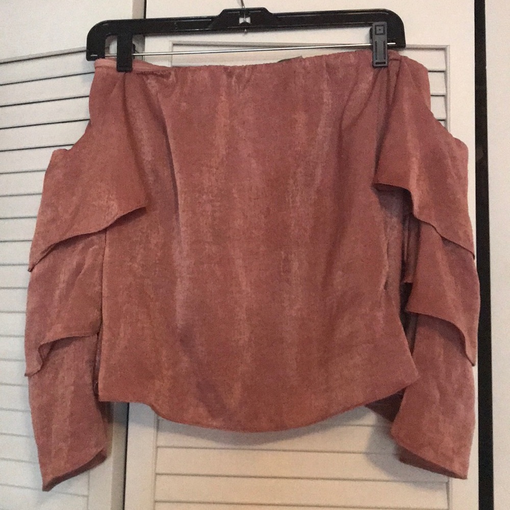 Pink satin ruffle blouse